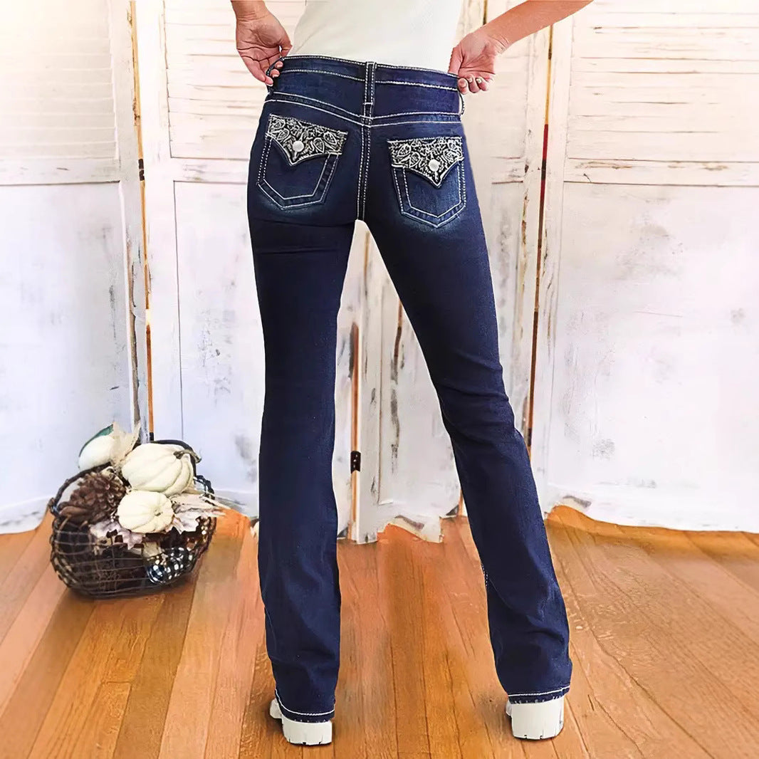 Embroidered Denim Trousers Retro