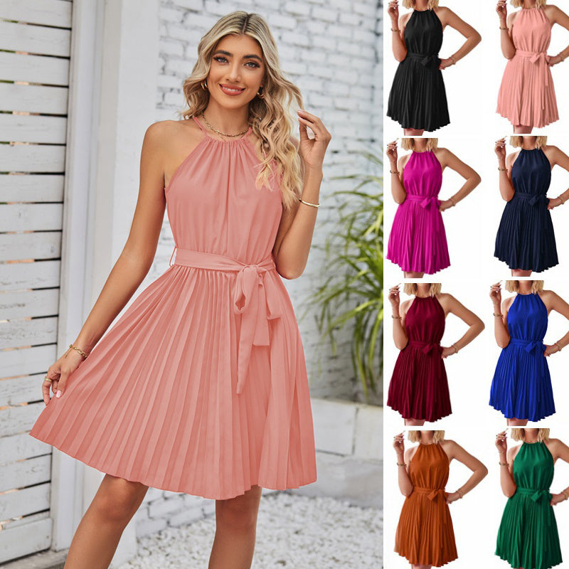 Solid Strapless Halter Pleated Sundress