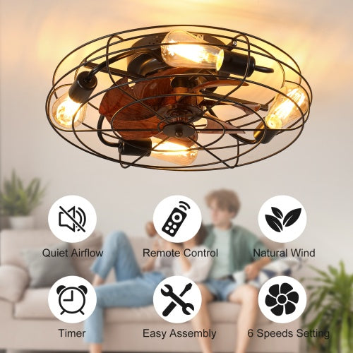 Cage Ceiling Fan With Light, 20 Inch Farmhouse Low Profile Ceiling Fan Light With Remote Control -Unavailable Platforms- Temu