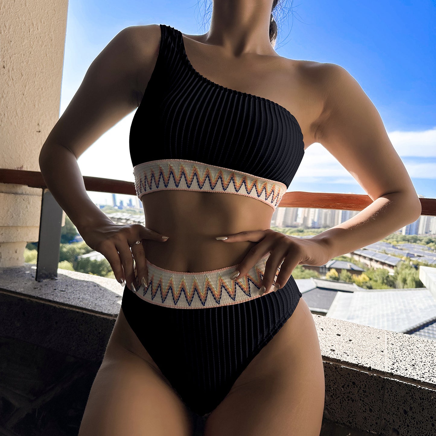 One-shoulder Bikini With Striped Pleated And Ripple Print Design Solid Colors