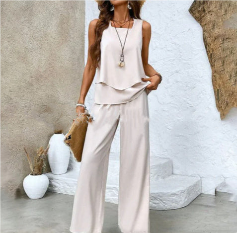 Printed Sleeveless Double-layer Vest And Loose Straight Pants Suit