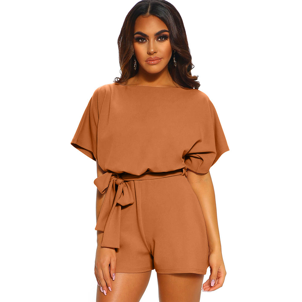 Round Neck Short-sleeved Lace-up Jumpsuit