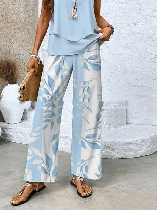 Printed Sleeveless Double-layer Vest And Loose Straight Pants Suit