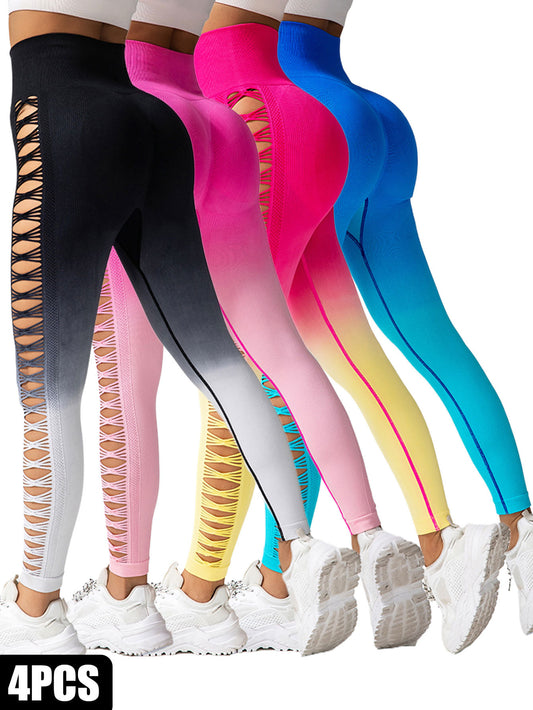 4 Pack Cut Out Ombre Gradient Color Hollow High-waist Butt-lifting Yoga Pants