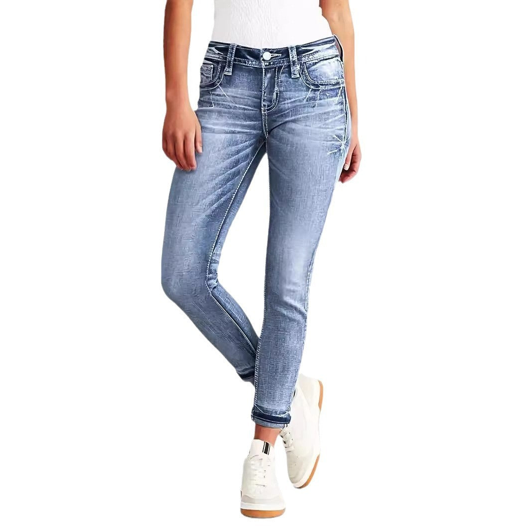 Slim Fit Stretch Slimming Versatile Embroidered Skinny Jeans