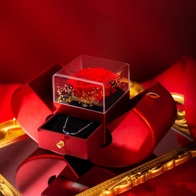 Fashion Jewelry Box Red Apple Necklace Eternal Rose With Artificial Flower Rose Flower Jewelry Box