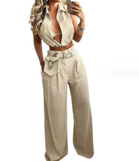 Solid Color Lapel Sleeveless Top Casual Pants Set