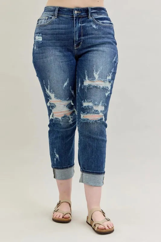 Judy Blue Full Size Mid Rise Cuffed Destroy Boyfriend Jeans