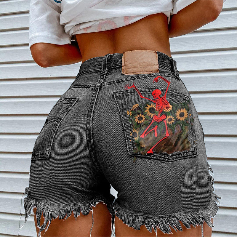 Printed Denim Shorts