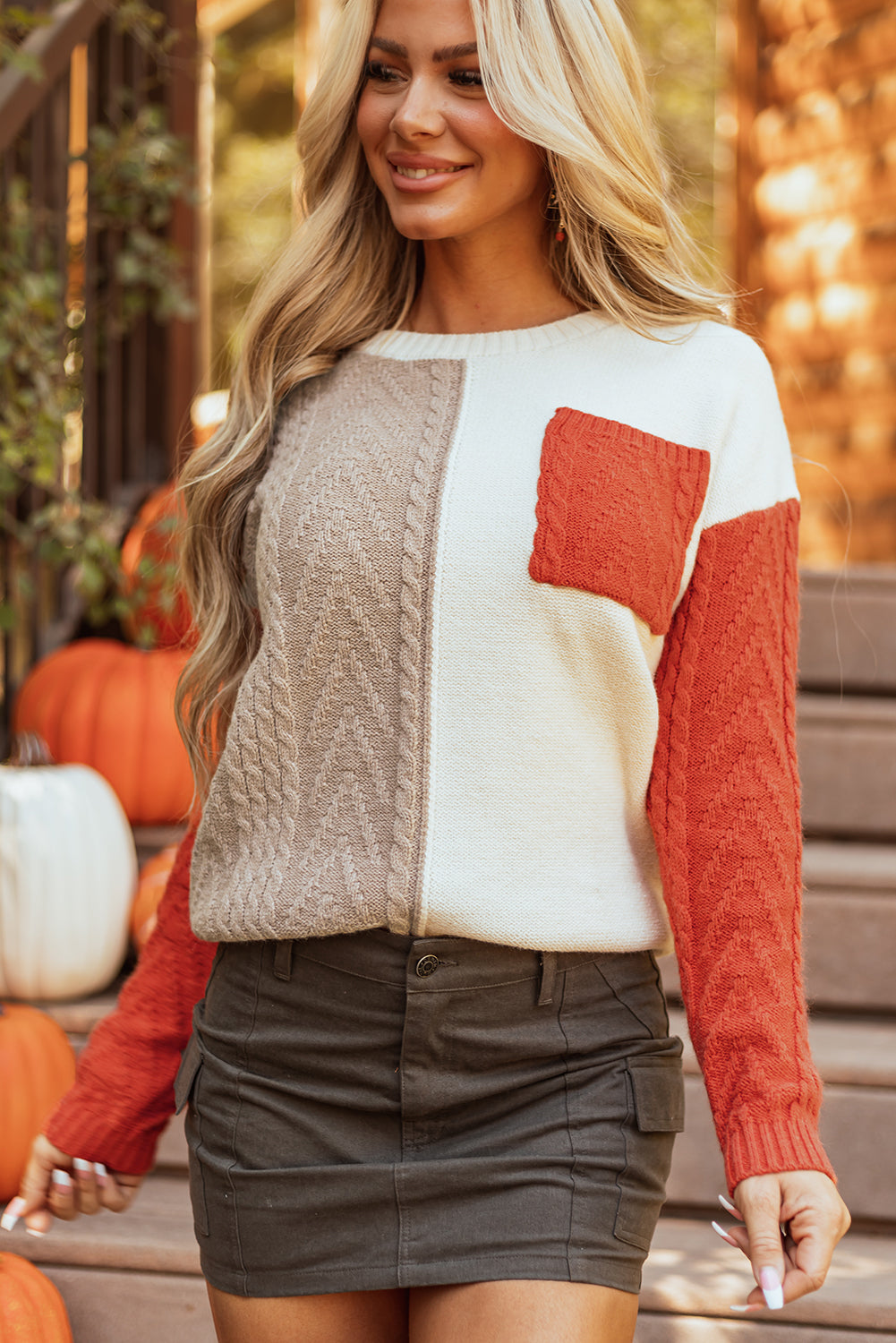 Vineyard Colorblock Patched Pocket Drop Shoulder Sweater