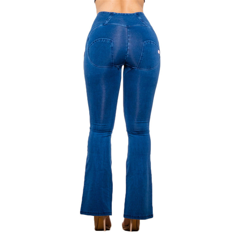 High Waist Dark Blue Straight Tube Peach Jeans