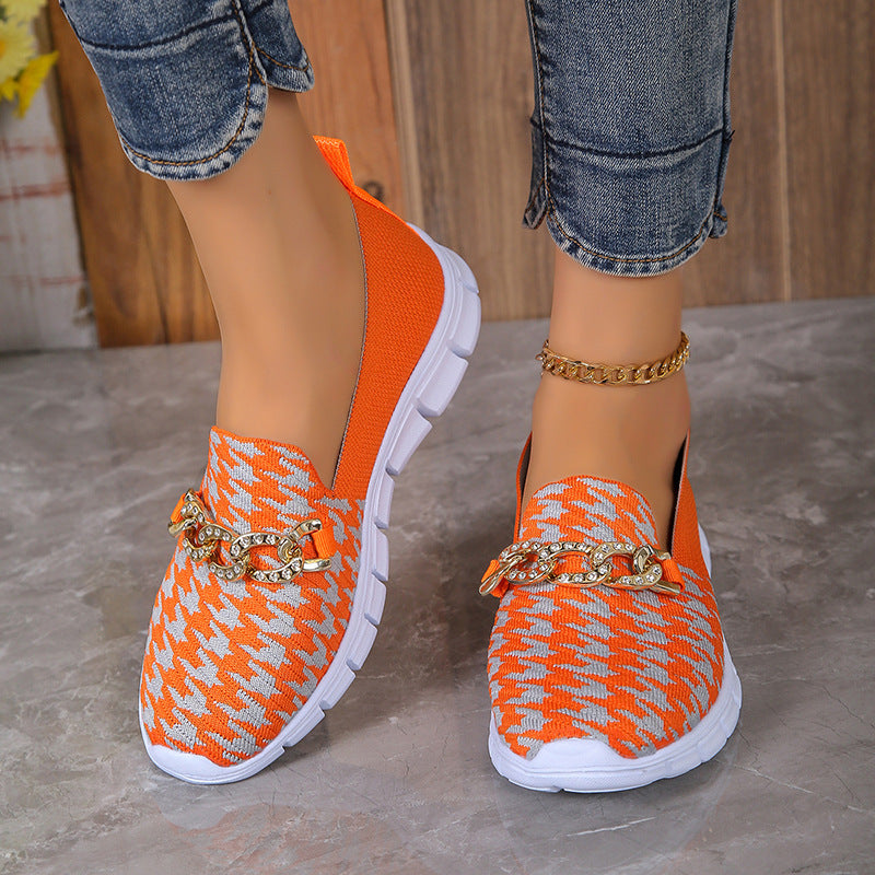 Casual Houndstooth Print Chain Mesh Shoes