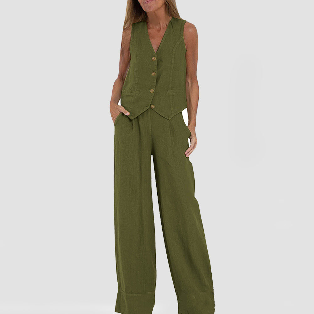 Vest Suits V-neck Button Sleeveless Top And Loose Straight Trousers