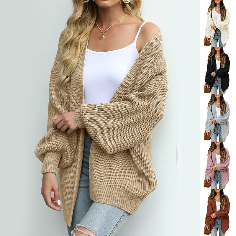 Lantern-sleeved Cardigan Sweater With Pockets