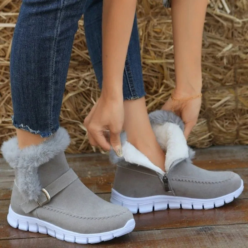 Snow Boots Warm Thick Solid Color Plush Ankle Boots With Buckle Design