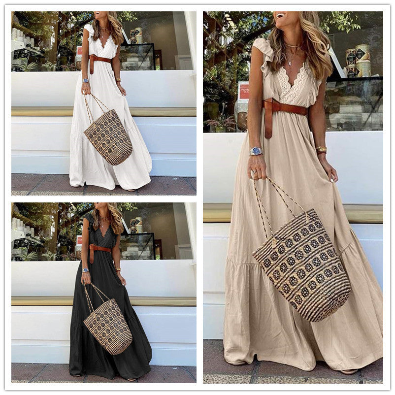 Casual Style Lace Pleated Sleeveless Dress