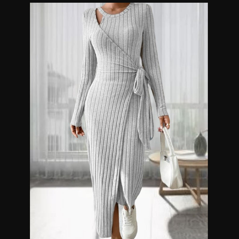 Striped Fashion Round Neck Long Sleeve Narrow Bow Dress