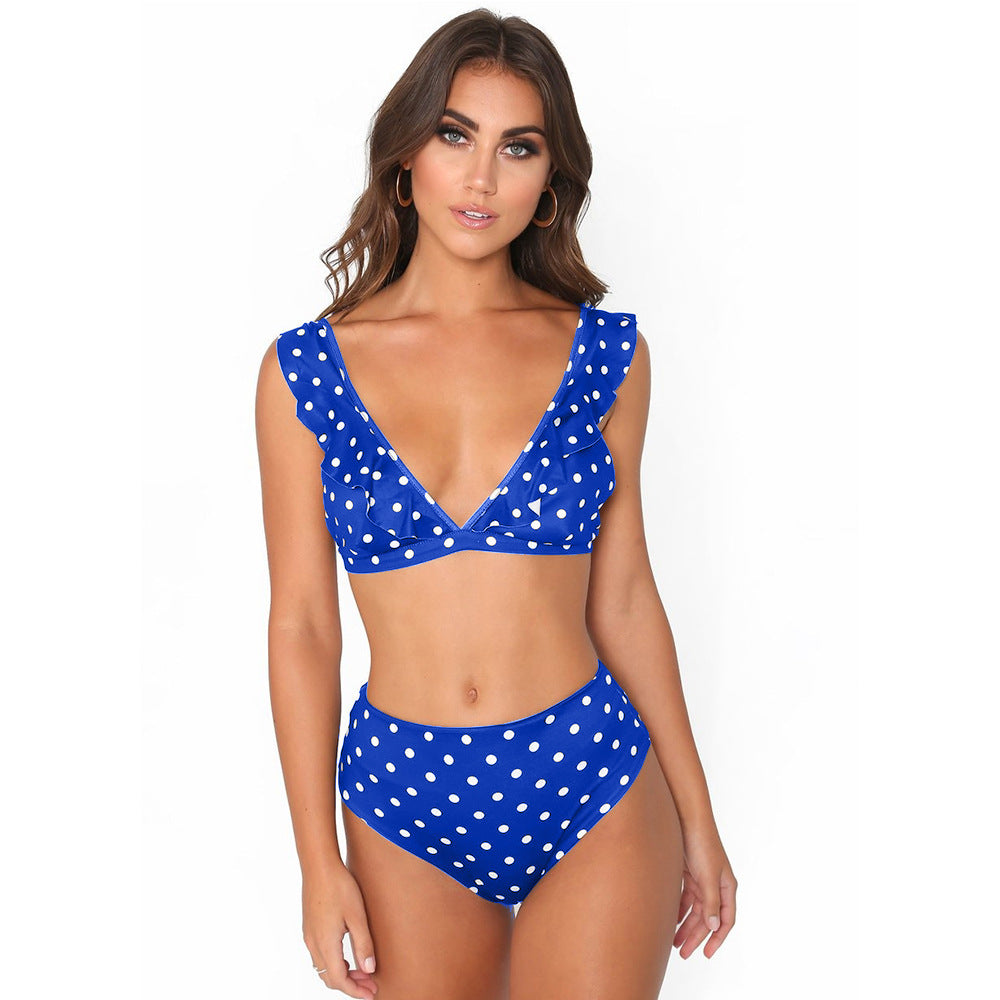 2pcs Black And White Polka Dot Print, Ruffled Deep V-neck Bikini Set