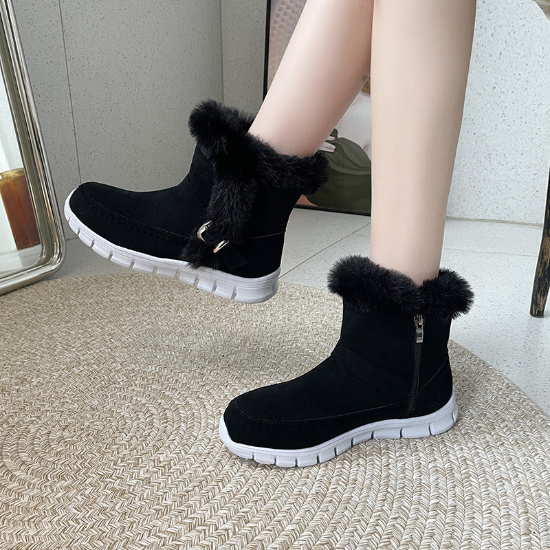 Snow Boots Warm Thick Solid Color Plush Ankle Boots With Buckle Design