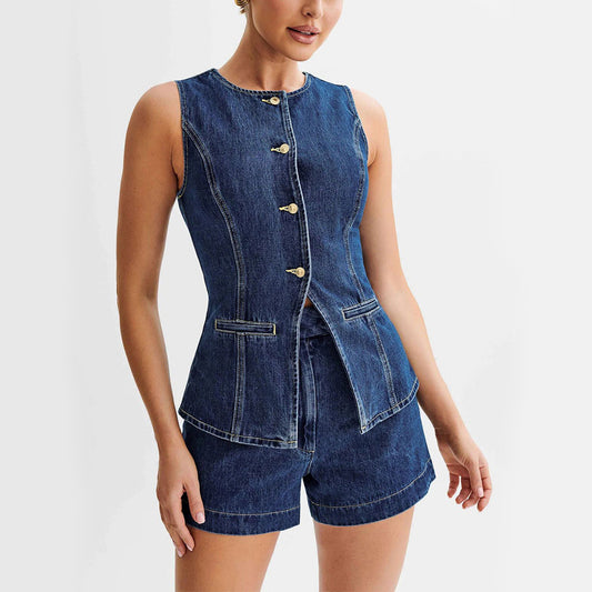 Denim Sleeveless Button Vest Top And High Waist Shorts Set