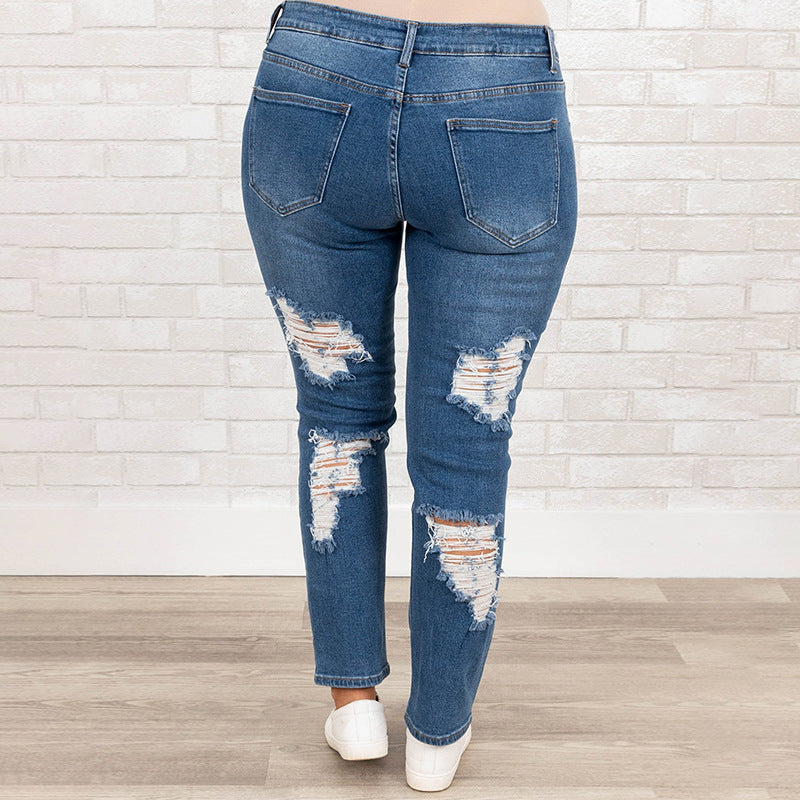 Plus Size Worn Fashion Jeans Women