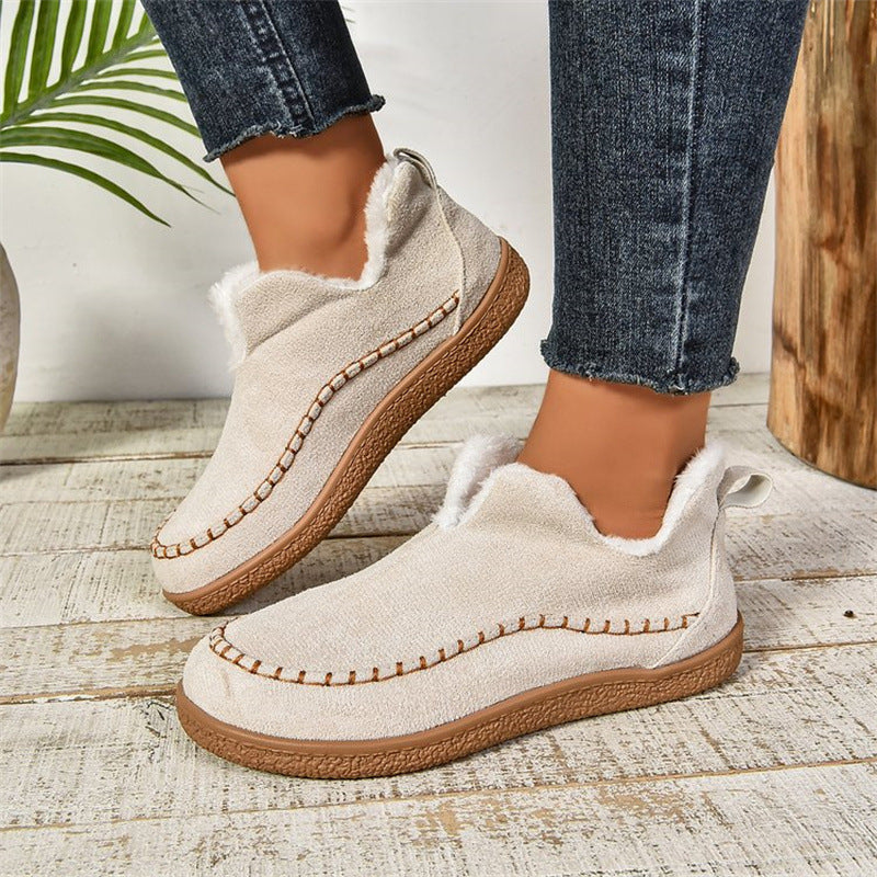 V-cut Plush Ankle Boots Plus Velvet Flat Snow Boot Casual Warm Solid Suede Cotton Shoes