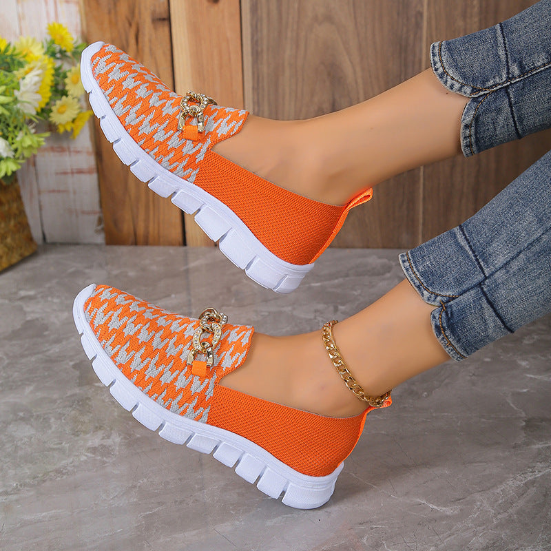 Casual Houndstooth Print Chain Mesh Shoes