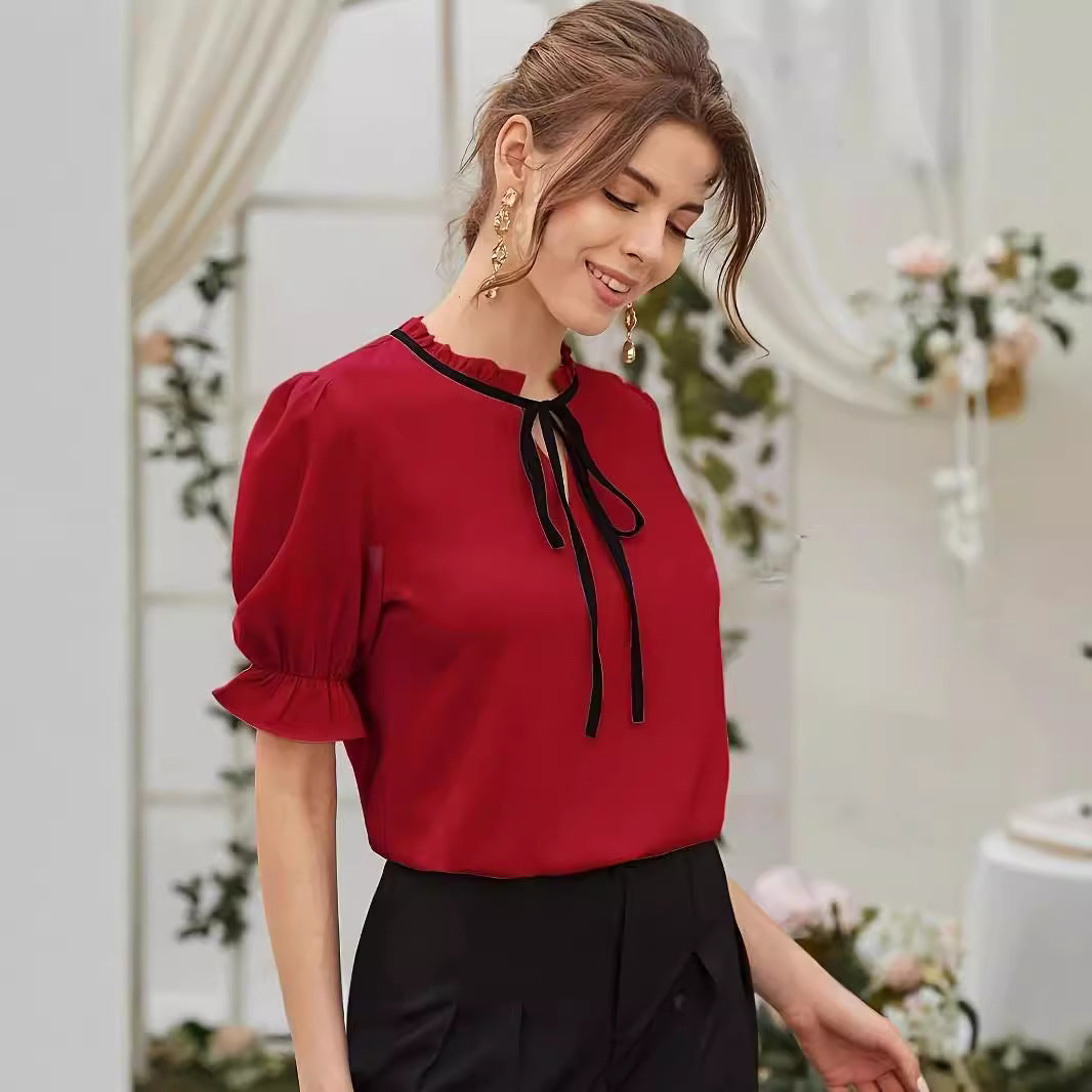 Women's Elegant Tie Long Ruffle Sleeve Blouse