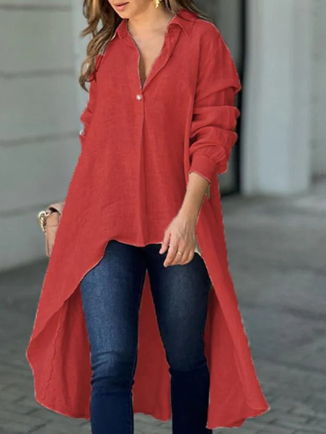 Full Size High-Low Collared Neck Long Sleeve Shirt