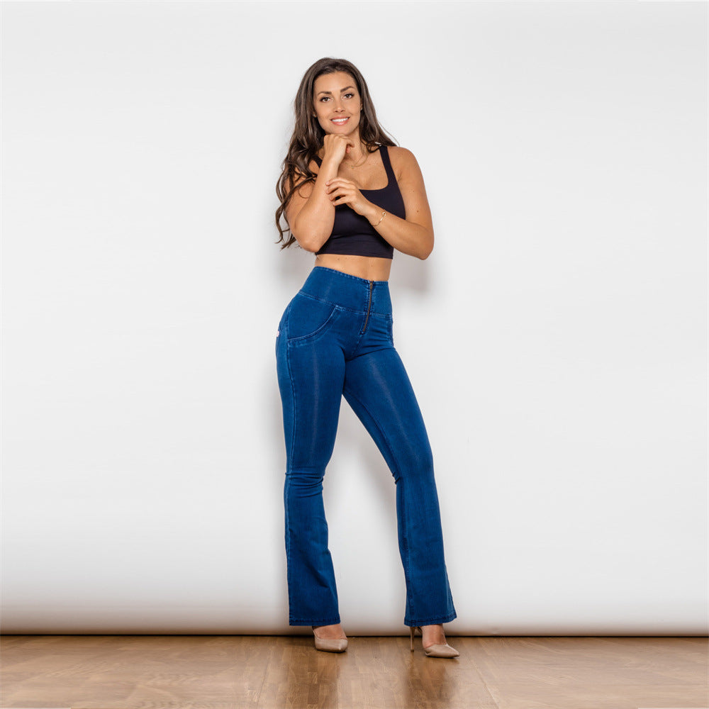 High Waist Dark Blue Straight Tube Peach Jeans