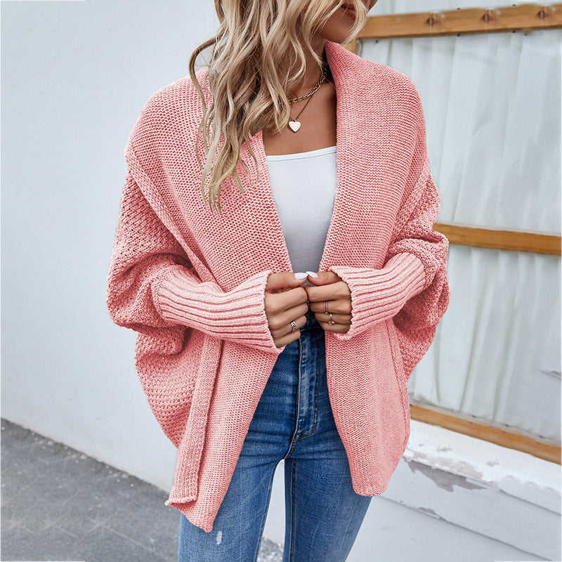 Loose Knitted Solid Color Bat Sleeve Large Lapel Cardigan Sweater