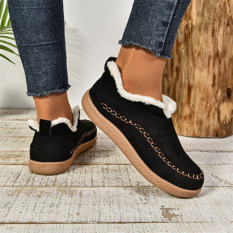 V-cut Plush Ankle Boots Plus Velvet Flat Snow Boot Casual Warm Solid Suede Cotton Shoes