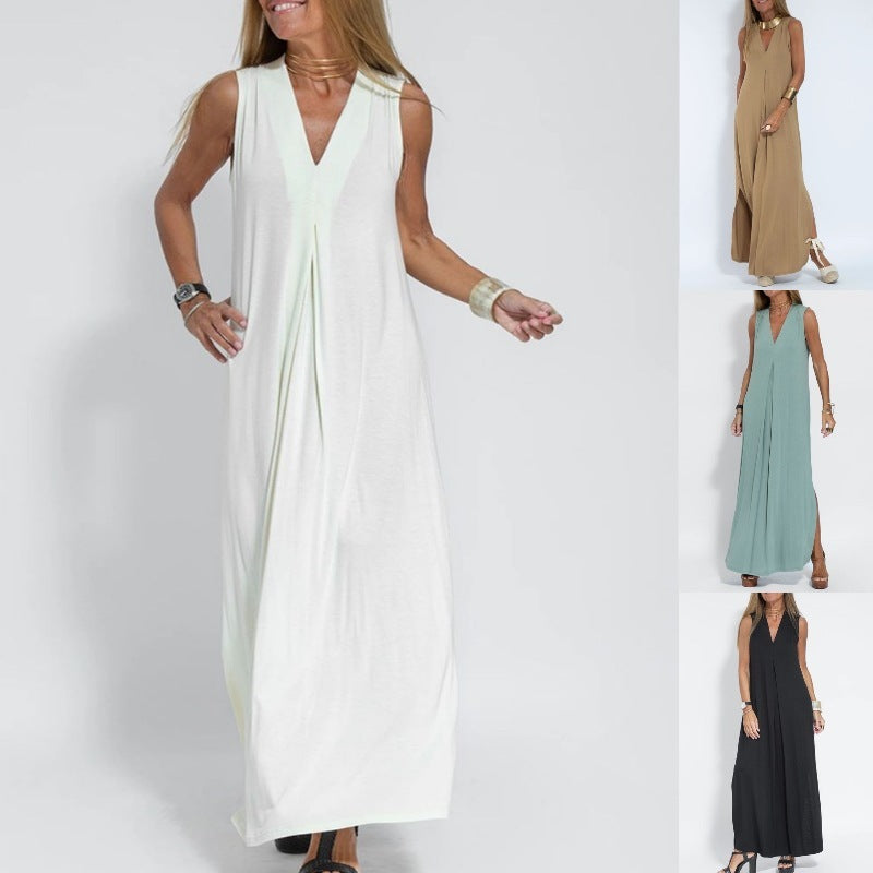 Solid Color V-neck Sleeveless Long Dress