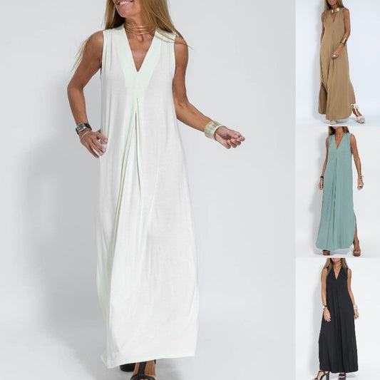 Solid Color V-neck Sleeveless Long Dress