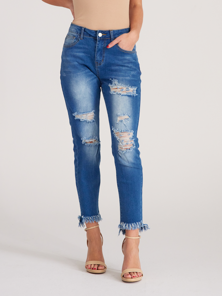 High Waisted Super Stretchy Fringe Hem Crop Jeans