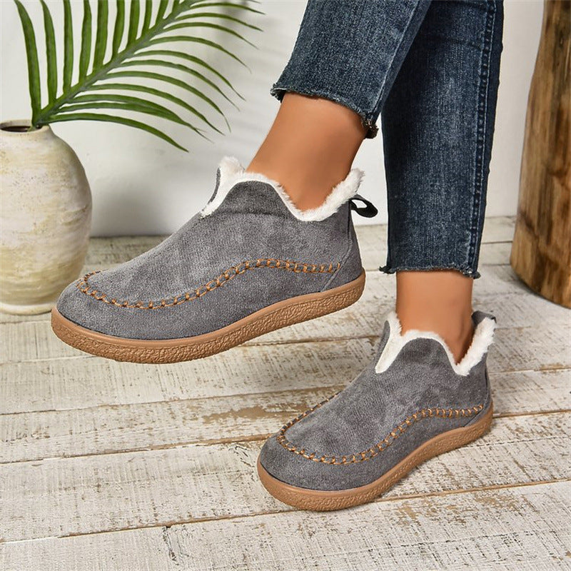 V-cut Plush Ankle Boots Plus Velvet Flat Snow Boot Casual Warm Solid Suede Cotton Shoes