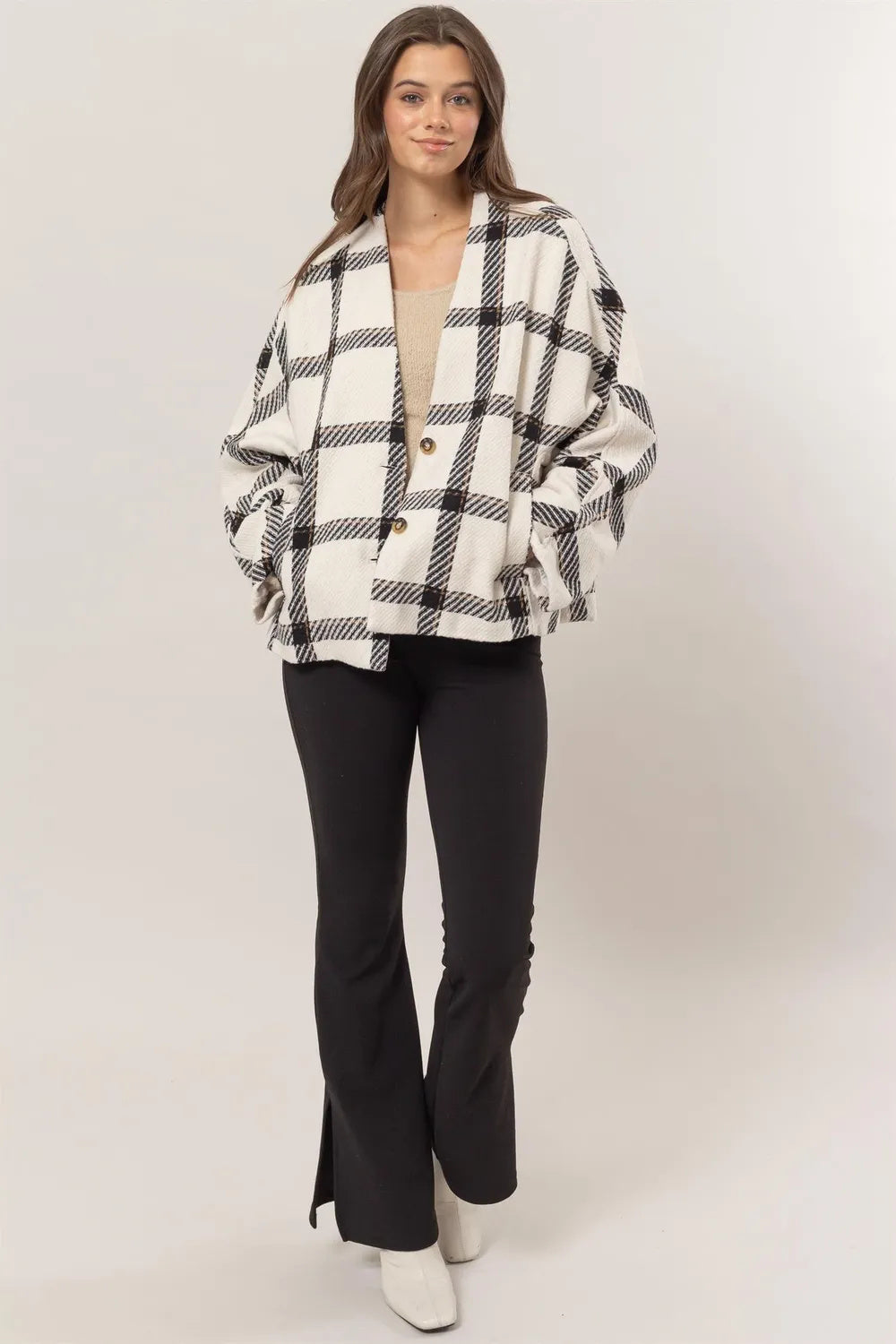 HYFVE Plaid Long Sleeve Jacket With Side Slit Pockets