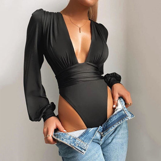 Long-sleeved deep V waist pleated temperament bodysuit