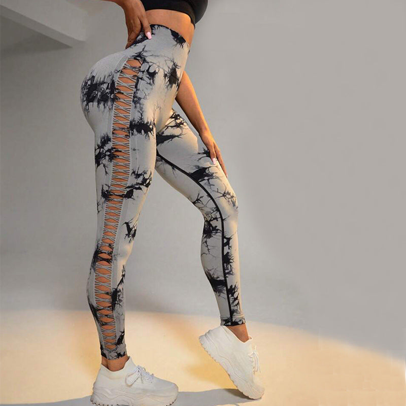 Hollow Tie Dye Printed Yoga Pants, High Waist Butt Lift & Seamless