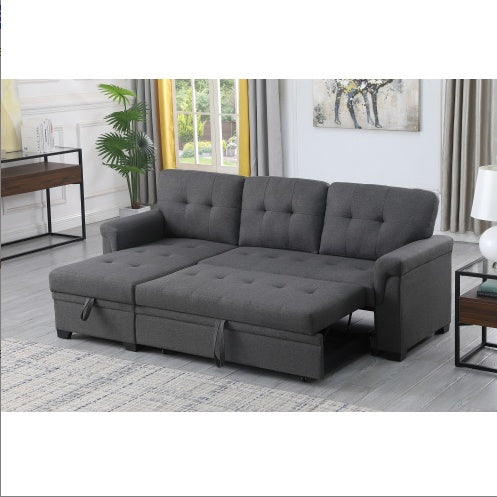 Dark Gray Linen Reversible Sleeper Sectional Sofa With Storage Chaise