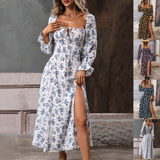 Flowers Printing Long Sleeve Square-neck Bottom Slit Dresses