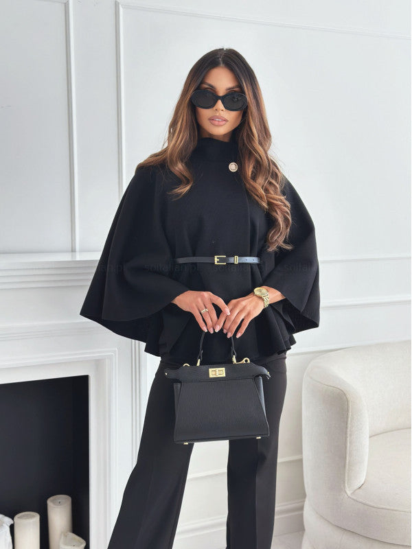 New Stand Collar Batwing  Sleeves Woolen Cloak Jacket With Belt