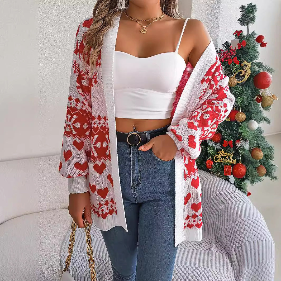 2024 Christmas Open Front Cardigan, Lantern Sleeve Xmas Printed Oversized Deer Sweater Pockets