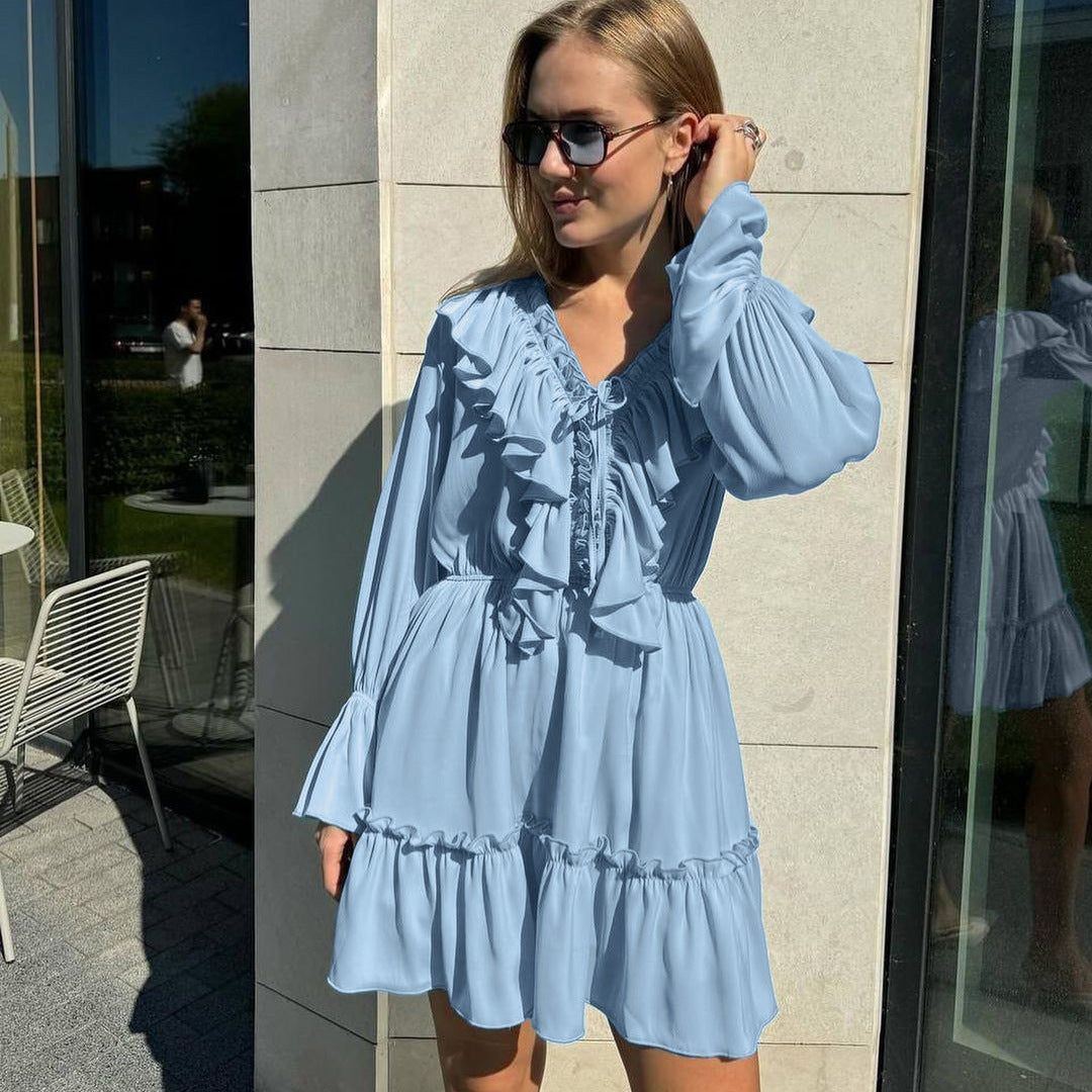 V Neck Pleated Ruffle Long Sleeve Dress