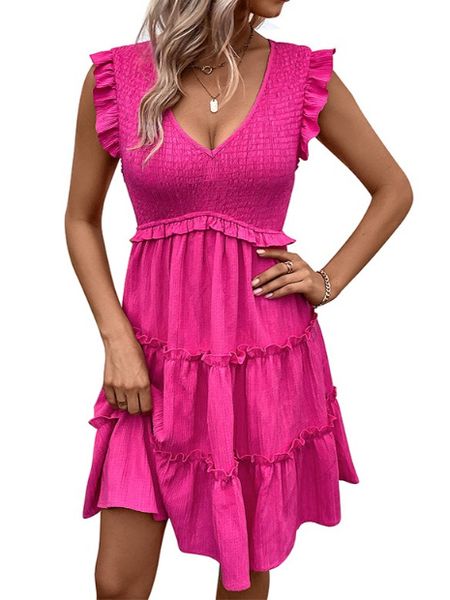 V Neck Flutter Sleeve Tiered Smocked Dress