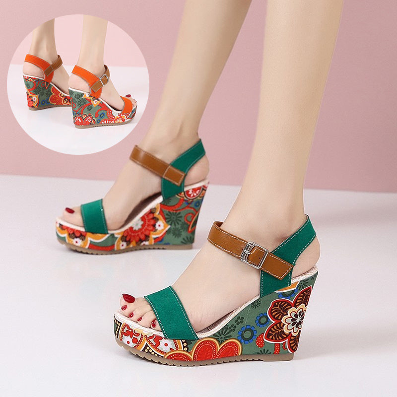 Floral Embroidered High Wedge Sandals