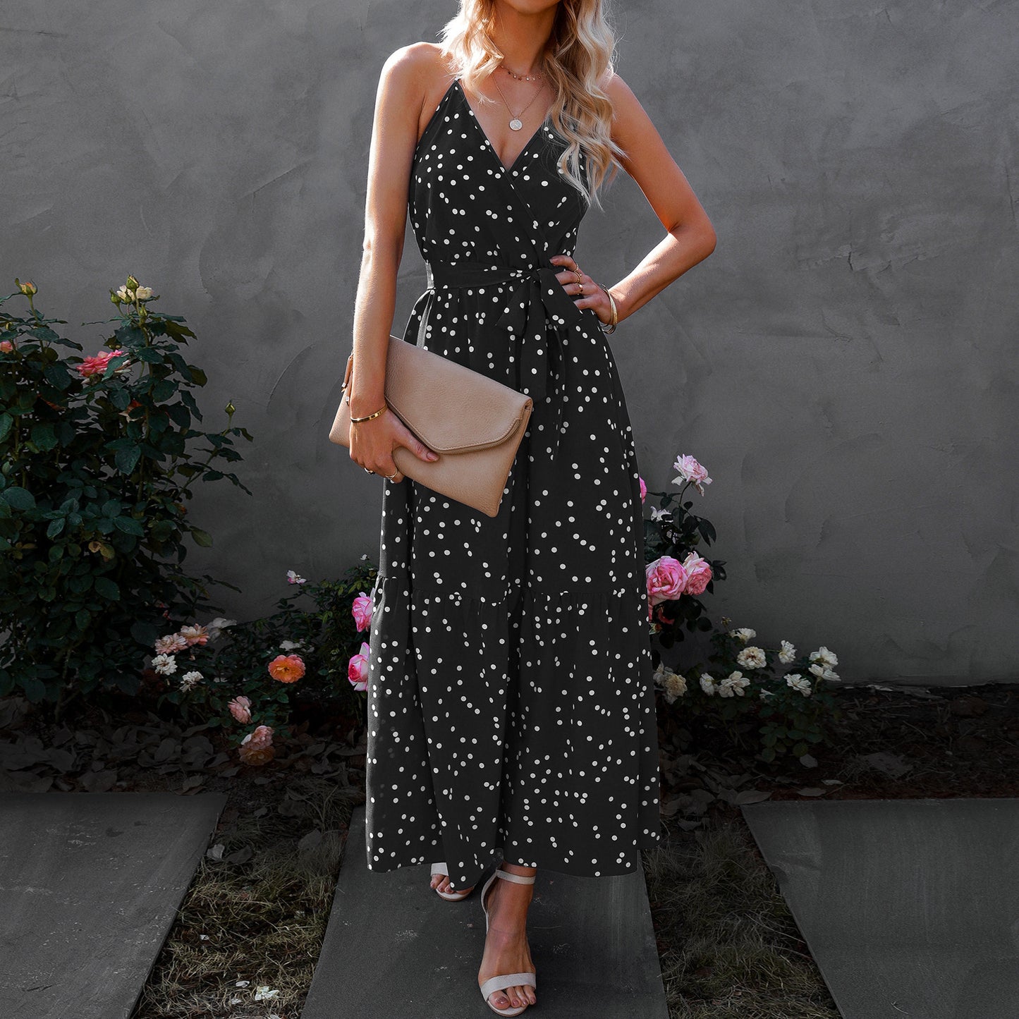 V-Neck Strap Polka Dot Long Dress