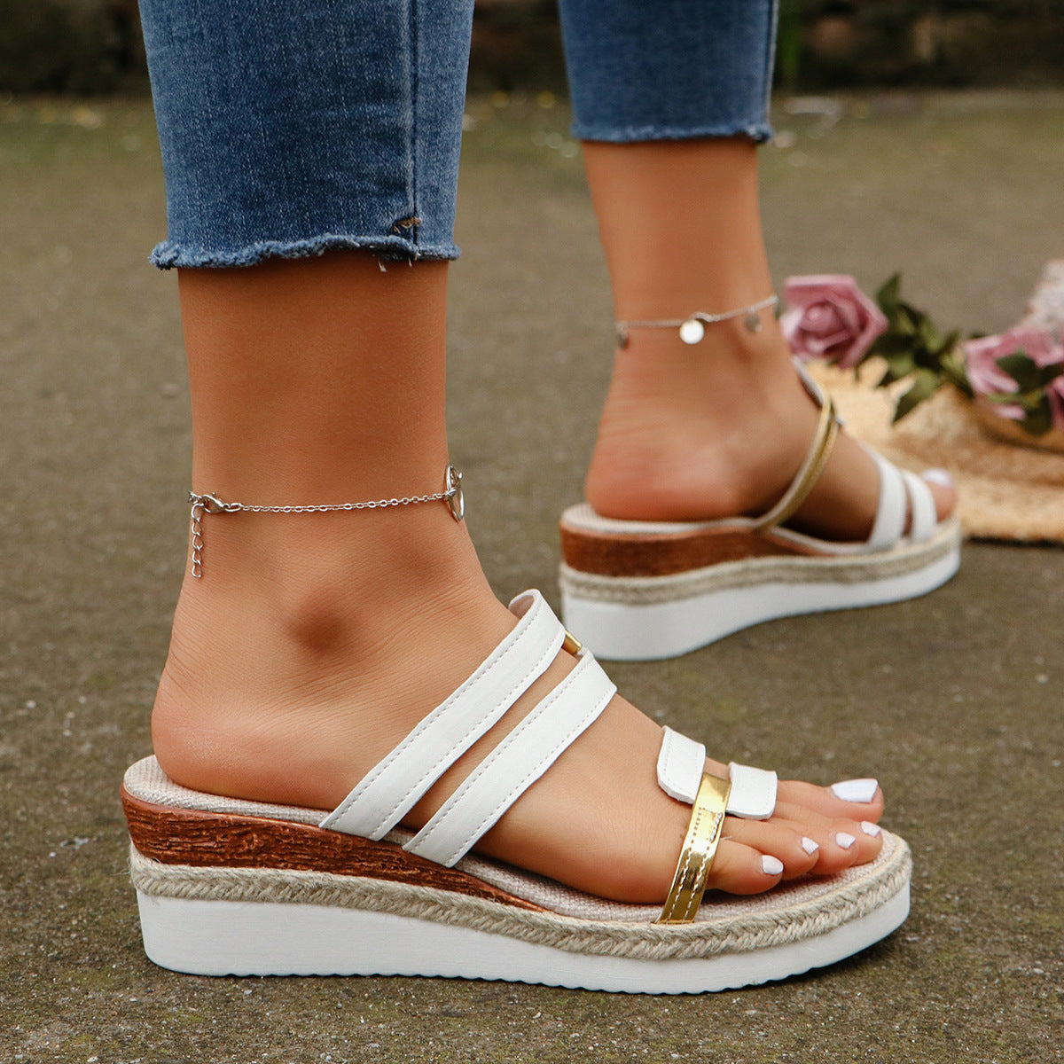 Colorblock-strap Hemp Heel Wedges Sandals