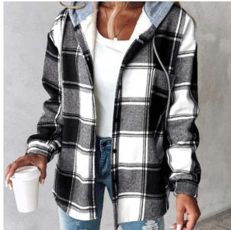 Solid Color Plaid Hooded Jacket