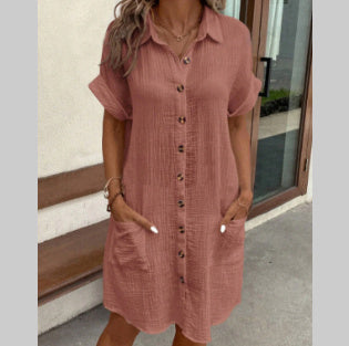 Shirt Dress, Solid Color Single-breasted Mid-length Loose Dress